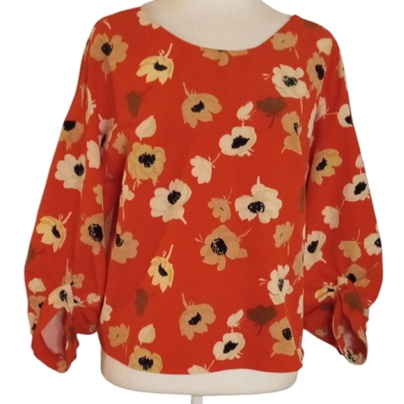 Zara Basic All Over Poppy Floral Print Back Button Balloon Sleeves Blouse Medium - Picture 3 of 10